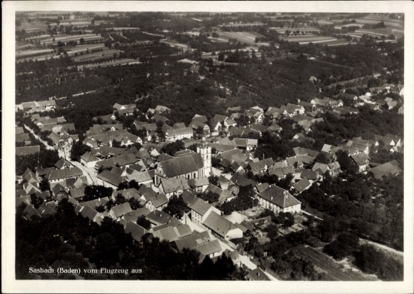 Postcard Sasbach in the Ortenau, aerial view of Sasbach, many roofs, trees, church