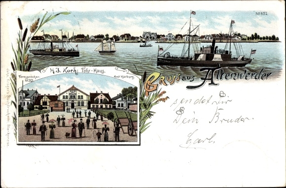 Chromo-Litho Hamburg Harburg Altenwerder, Fährhaus HJ Koch, Steamer Union, sailing boat