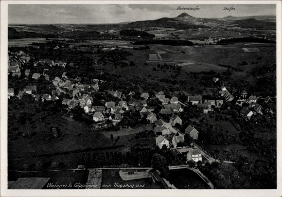 Postcard Wangen near Göppingen Württemberg, aerial view with houses, Hohenstaufen in the background