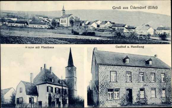 Postcard Üdersdorf in the Eifel, general view, church with vicarage, inn and shop