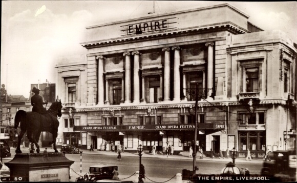 Postcard Liverpool Merseyside England, Empire Theatre, Grand Opera Festival, statue in front of the theatre