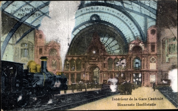 PC Antwerp Anvers Flanders, train station, track side, station hall, steam locomotive