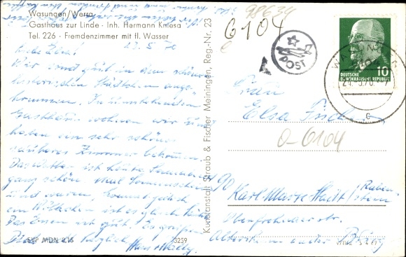 Postcard Wasungen in the Thuringian Forest, Panorama, Inn zur Linde