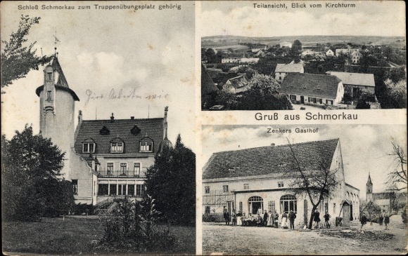 Postcard Schmorkau Neukirch Sachsen, view from the church tower, Schloss Schmorkau, Zenkers Gasthof