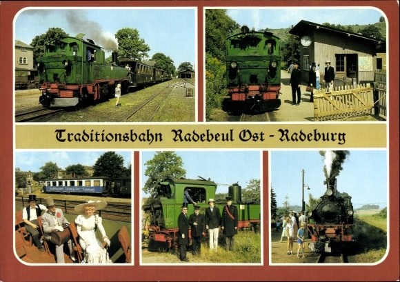 Postcard Deutsche Eisenbahn, traditional railway Radebeul Ost-Radeburg, train crew in historical uniforms