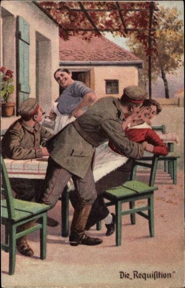 Artist Postcard The Requisition, soldiers with women in front of the tavern, kiss, always professional, I. WK