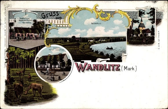 Chromo-Litho Wandlitz in Brandenburg, church, seekrug, post office, vicarage, deer