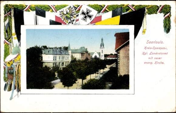 Passepartout PC Saarlouis in Saarland, district savings bank, district office, evangelical church