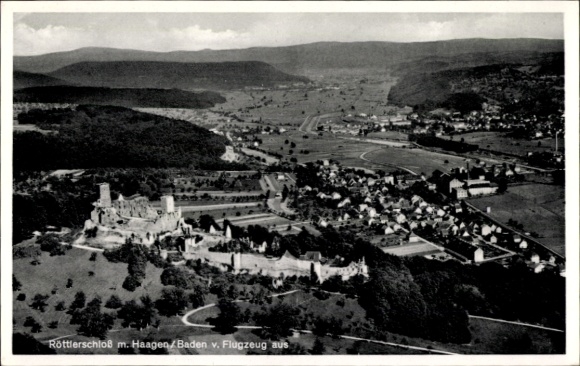 Postcard Rötteln Haagen Lörrach in Baden, aerial photograph, castle