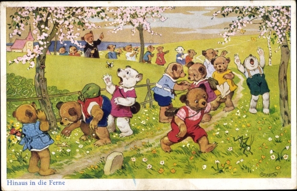 Artist PC Baumgarten, Fritz, Out into the distance, bears playing in a meadow