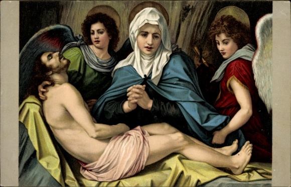 Postcard Lamentation of Christ, Angel, Mourning Mary, Biblical Scene
