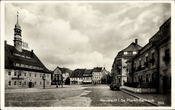 Postcard Neustadt in Sachsen, market town hall, historical architecture, street view, cloudy sky