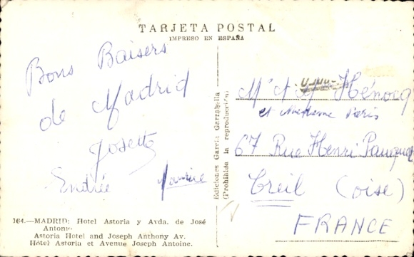 Postcard Madrid Spain, Astoria Hotel and Josef Antony Street