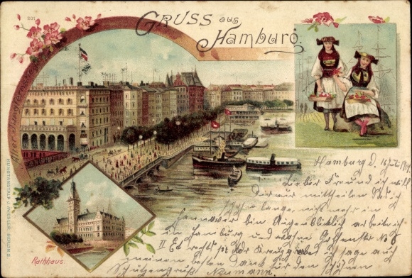 Chromo-Litho Hamburg Altstadt, Alter Jungfernstieg, City Hall, girls in costume
