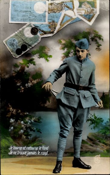 Ak Soldat mit leeren Taschen, Humor, Geldscheine