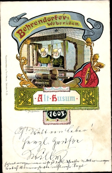 Artist Postcard Hamkens, Jan, Husum in North Frisia, Alt Husum 1603, Behrendorf weavers, loom