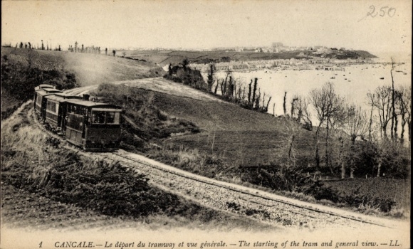 CPA Cancale Ille et Vilaine, Le départ du tramway et vue générale