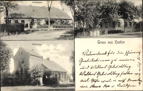 Postcard Zechin im Oderbruch, school house, vicarage
