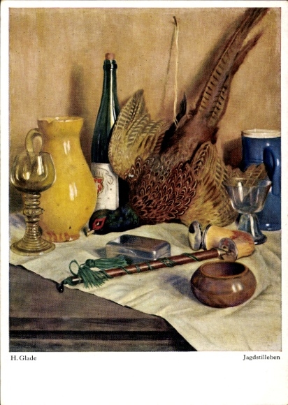 Artist Postcard Glade, H., hunting still life, capercaillie, pipe, bottle, wine glass
