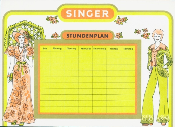 Stundenplan Reklame, Singer, Frau mit Schirm, Weltuhrzeit, Flugzeiten von Frankfurt, Kalender