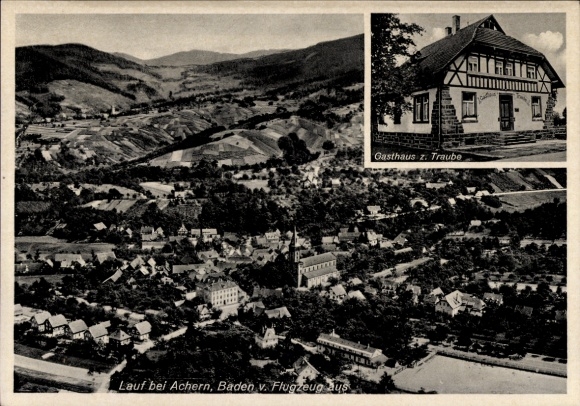 Postcard Lauf in Baden Black Forest, aerial view of Lauf, Gasthaus z. Traube, beautiful mountains, quiet