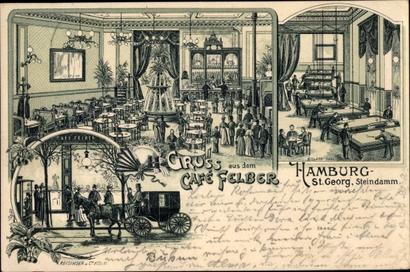 Chromo-Litho Hamburg Mitte St. Georg, Cafe Felber, Steindamm, interior view, billiard table, carriage