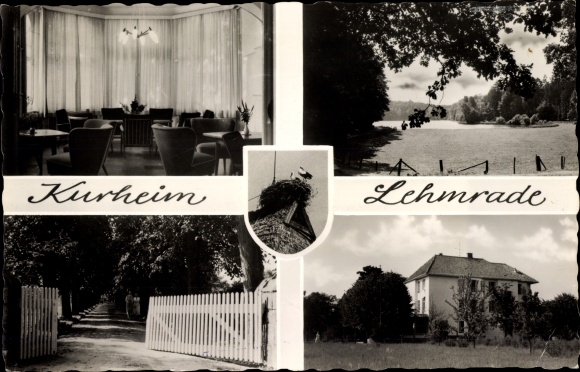 Postcard Lehmrade in Lauenburg, Kurheim, exterior view, interior, partial view