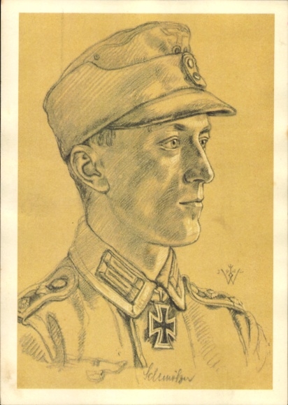 Artist Postcard Willrich, Wolfgang, Knight's Cross holder Oberwachmeister Schmölzer, portrait, VDA E 71