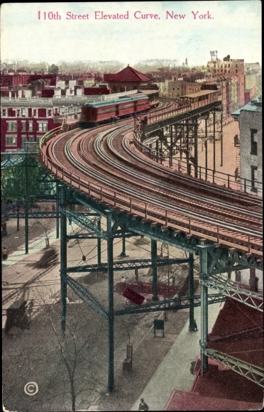 Postcard New York City USA, 110th Street elevated curve, Bahnstrecke
