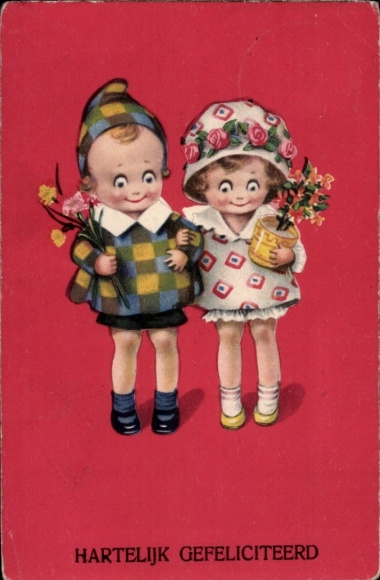 Postcard Niederlössnitz Niederlößnitz Radebeul Saxony, greeting card with two children, flowers and...