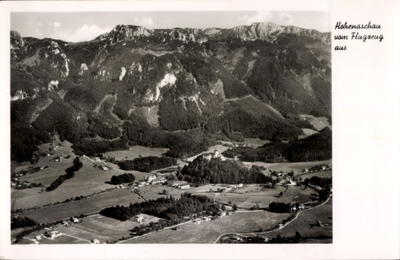 Postcard Hohenaschau Aschau im Chiemgau Upper Bavaria, aerial view, mountains, landscape, river, building,