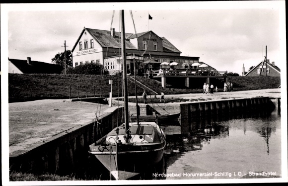 Postcard Horumersiel Wangerland Friesland, beach hotel, sailing boat in the harbour