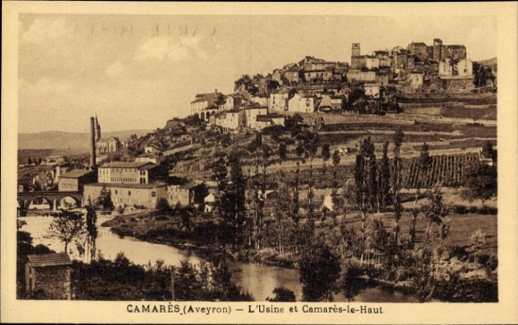 Postcard Camares Aveyron, factory, Camares le Haut, river, mountain