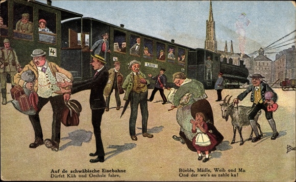 Artist PC Boettcher, Hans, on the Swabian railway, steam locomotive, billy goat