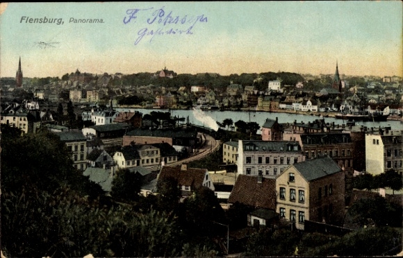 Postcard Flensburg in Schleswig Holstein, city view, panorama, harbor view, buildings,