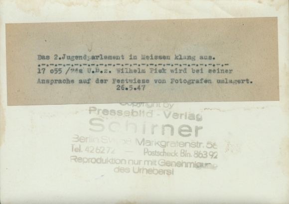 Photo Schirner Berlin, Meissen Saxony, 2nd Youth Parliament 1947, Wilhelm Pieck speech, Festwiese