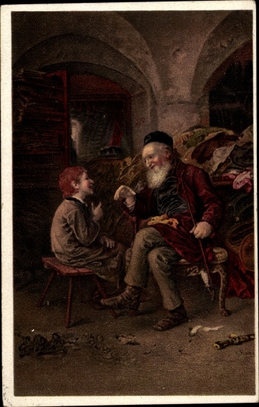 Judaica artist Postcard Knauss, Solomonic wisdom, old man with pipe and boy