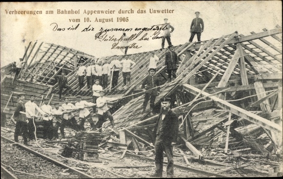 Postcard Appenweier in Baden Schwarzwald, devastation at the train station due to storms in 1905