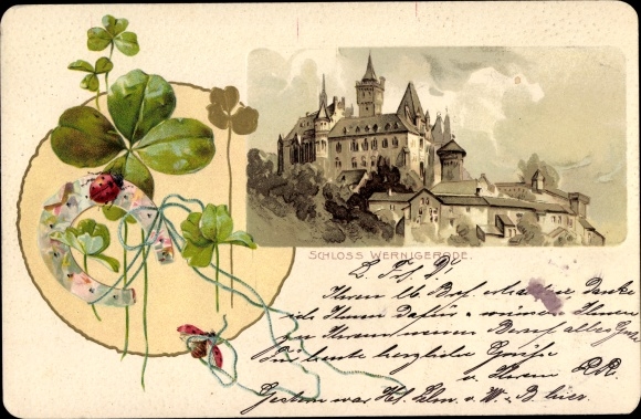 Embossed Passepartout Chromo-Litho Wernigerode am Harz, castle, ladybird, shamrocks, horseshoe