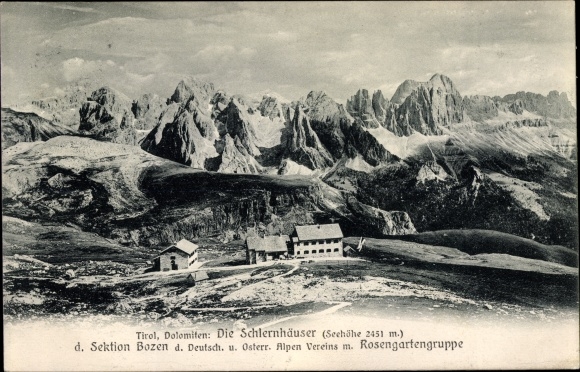 Postcard South Tyrol, Dolomites, Schlernhäuser with Rosengarten group