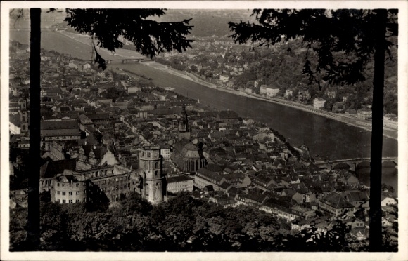 Postcard Heidelberg am Neckar, aerial view of the castle, Neckar river, bark houses