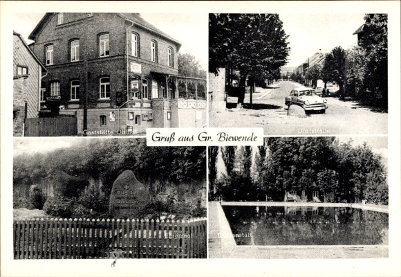 Postcard Groß Biewende Remlingen Semmenstedt in Lower Saxony, memorial, village street, restaurant