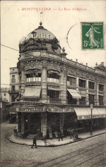 KP Montpellier Hérault, Rue d'Obilion, architektura, stempel pocztowy, znaczek 5 centymów
