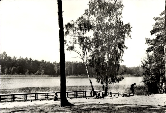 Postcard Gräbendorf in der Mark, lake, trees, sandy beach, people on the shore