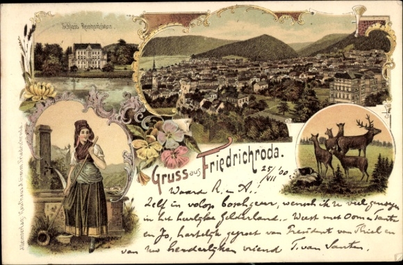 Litho Friedrichroda im Thüringer Wald, Schloss Reinhardsbrunn, Frau in Tracht am Brunnen, Hirsch