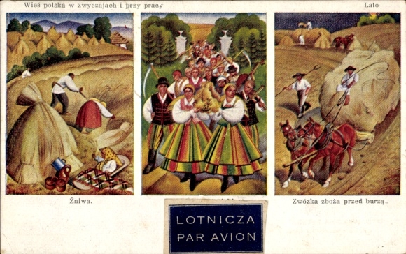 Artysta KP Buratyński, strój polski, rolnictwo, zbiory siana