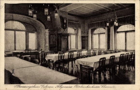 Postcard Gelenau in the Erzgebirge, convalescent home, AOK Chemnitz, dining room