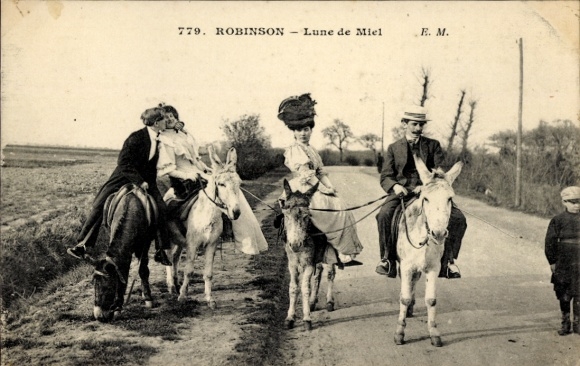 Ak Robinson Hauts de Seine, Reiter auf Eseln, Liebespaare