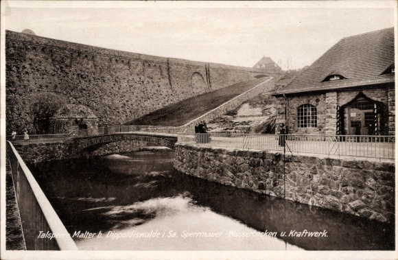Postcard Malter Dippoldiswalde, Malter Dam, dam with waterfall basin and power plant