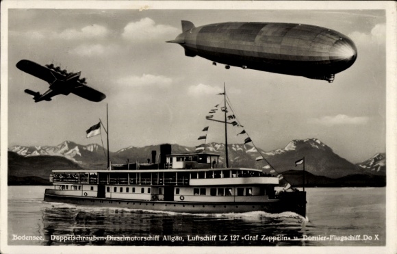 KP Bodensee, dwuślimakowy statek motorowy z silnikiem wysokoprężnym Allgäu, sterowiec LZ 127 Graf Zeppelin, Dornier Do X